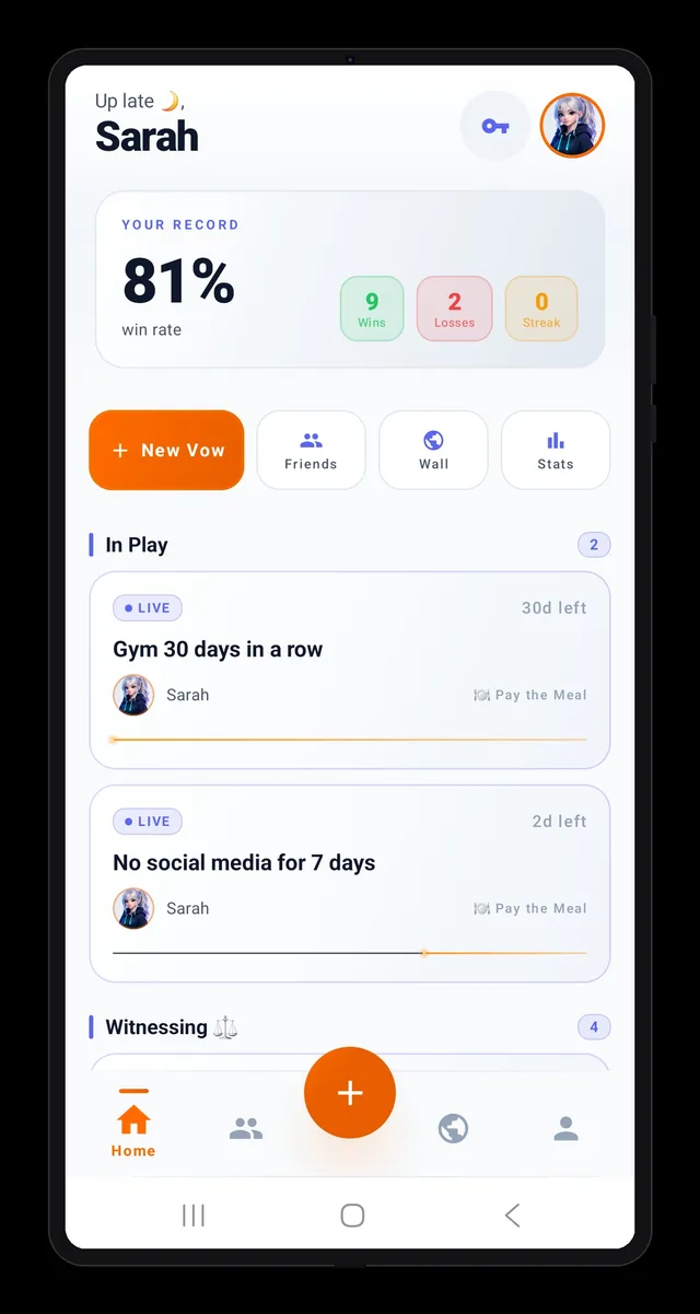 Step 6: track active challenges from the Vowd home screen